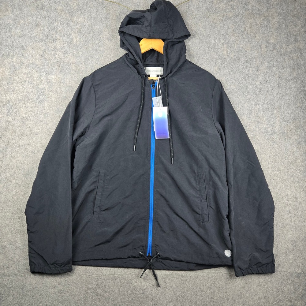 Outerknown Evolution Windbreaker Jacket Mens Large Pitch Black Hooded Nylon NWT